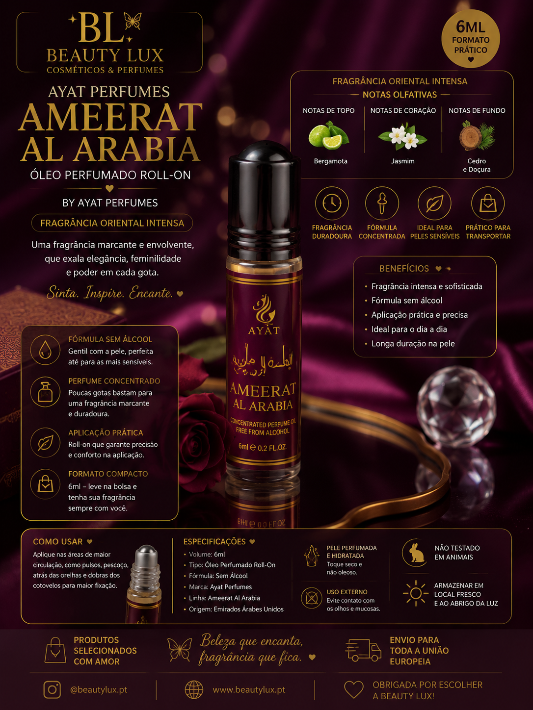 Óleo perfumado roll-on Ameerat Al Arabia da marca Ayat Perfumes.