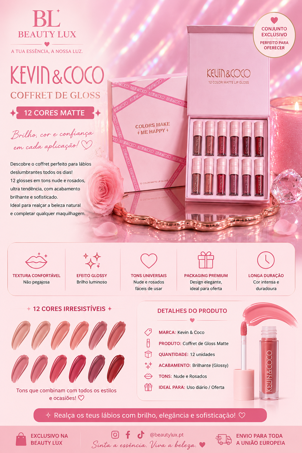 Coffret de Gloss Kevin & Coco – 12 Cores Matte 💖✨