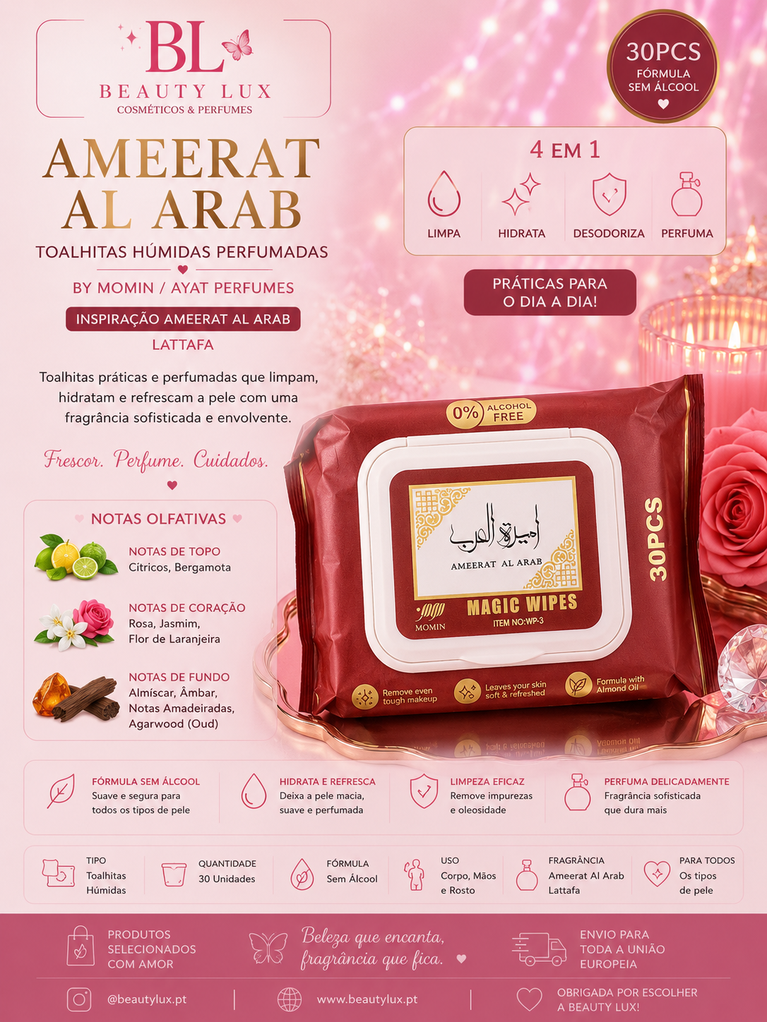 Toalhitas 4em1 sem álcool Ameerat Al Arab