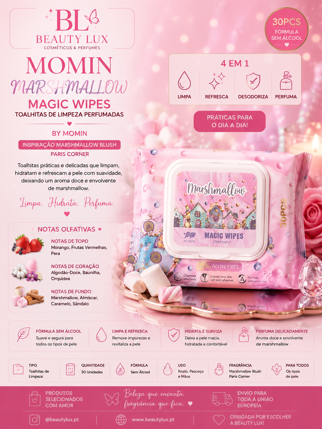 Toalhitas 4em1 sem álcool Marshmalow Blush