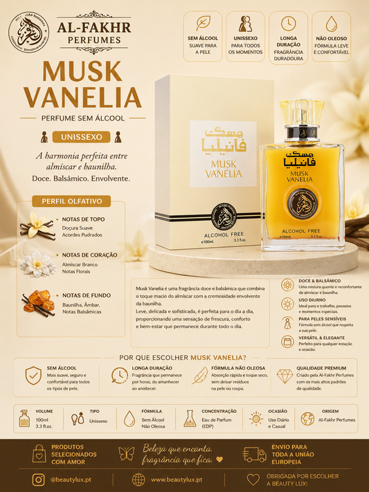 Al-Fakhr Perfumes Musk Vanelia de 100ml sem álcool Unissexo
